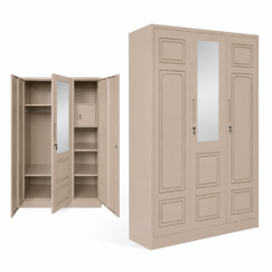 3 Door Metal Wardrobe with Internal Safe & Mirror - Brown Finish