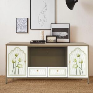 Metal TV Stand/Console Table with 2 Doors & 2 Drawers - Brown/Floral Finish - Up to a 70" TV