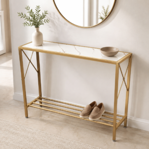 #WK 07-34 White & Gold Metal & Wood 2 Tier Console Table