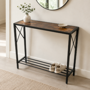 #WK 07-37 Brown & Black Metal & Wood 2 Tier Console Table