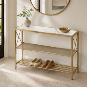 #WK 07-42 White & Gold Metal & Wood 3 Tier Console Table