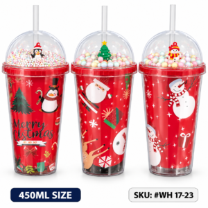 #WH 17-23 Double Wall 450ml Plastic Christmas Cup with Snow Globe Lid